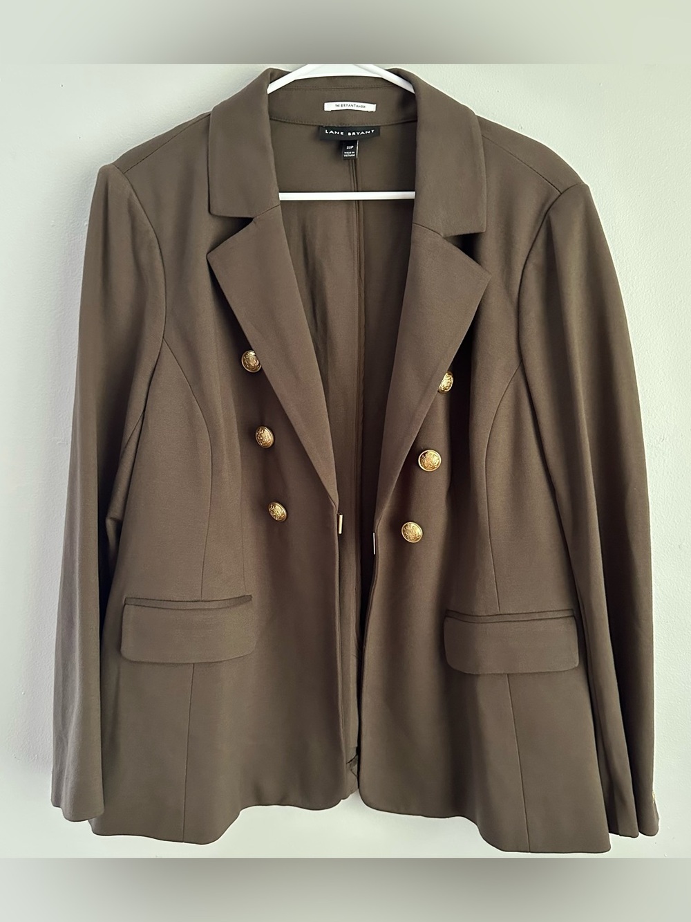 Lane Bryant 22P the Bryant blazer ponte brown and gold button 22 petite